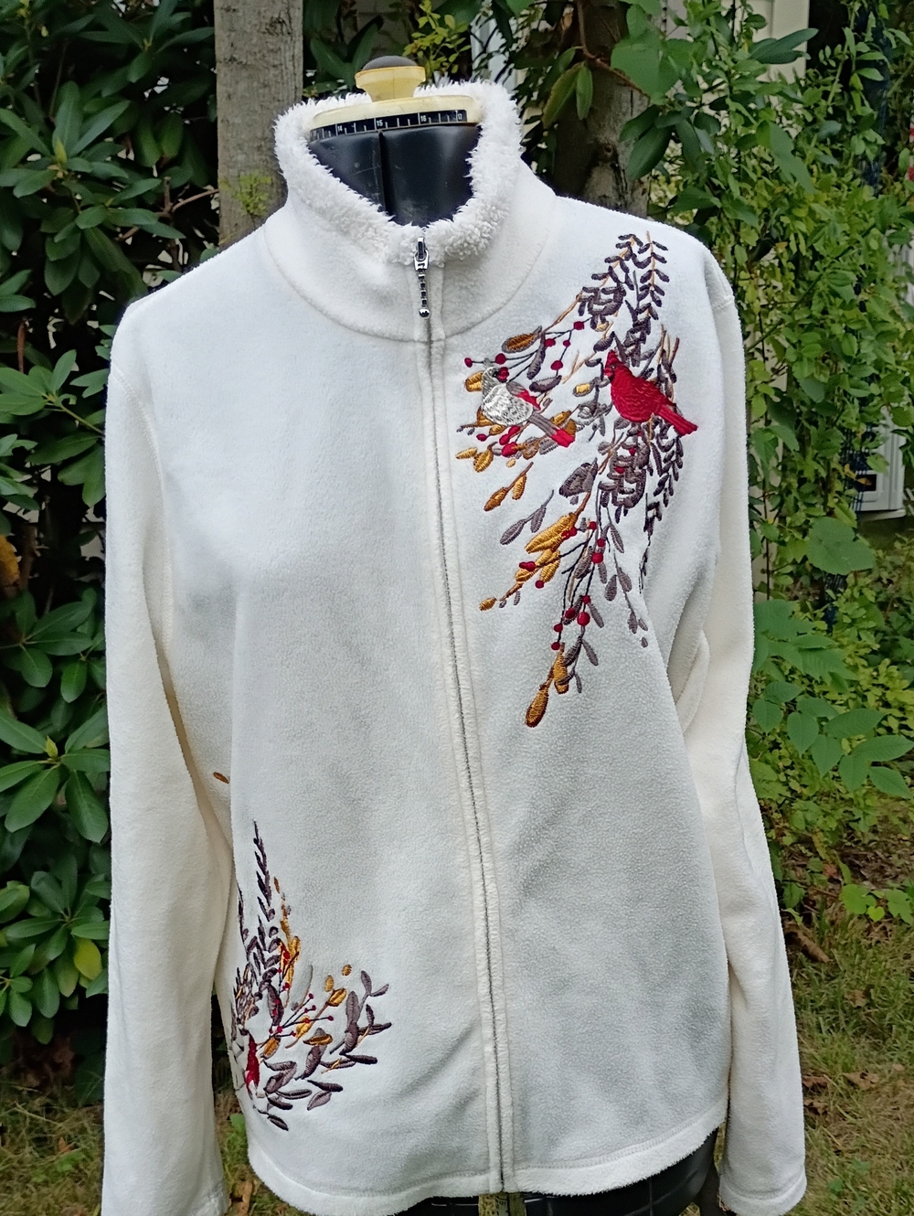 croft & barrow Cream Fleece Jacket with Red Cardinal Embroidery